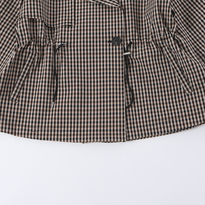 Damen Kurze Karo-Trenchjacke mit Tunnelzug-Taille und weitem Revers Echoarchiv
