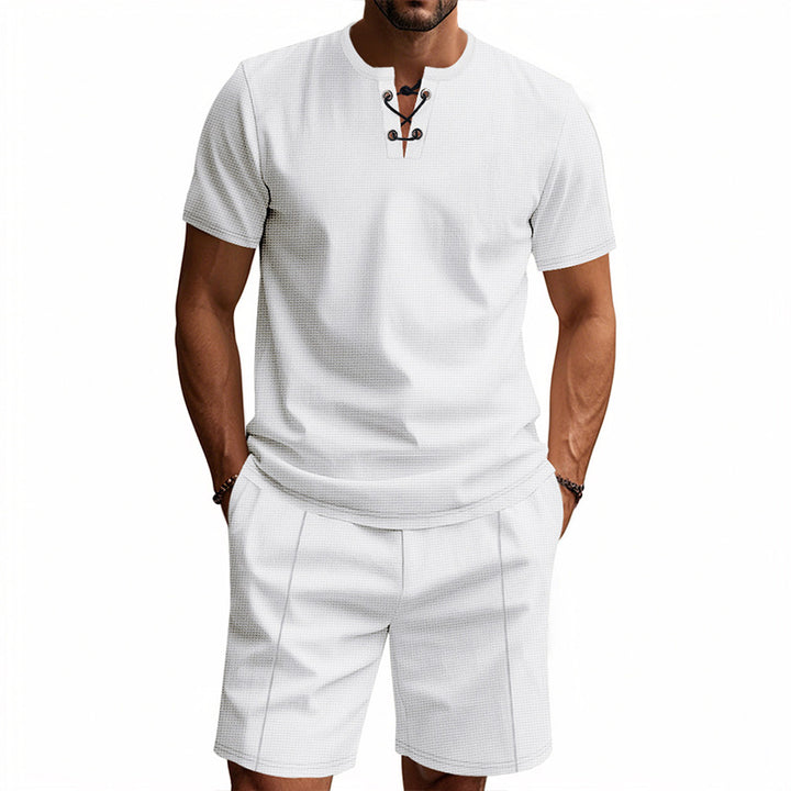 Herren Kurzarm-Henley-Set mit modischem Schnürdesign und atmungsaktivem Material Echoarchiv