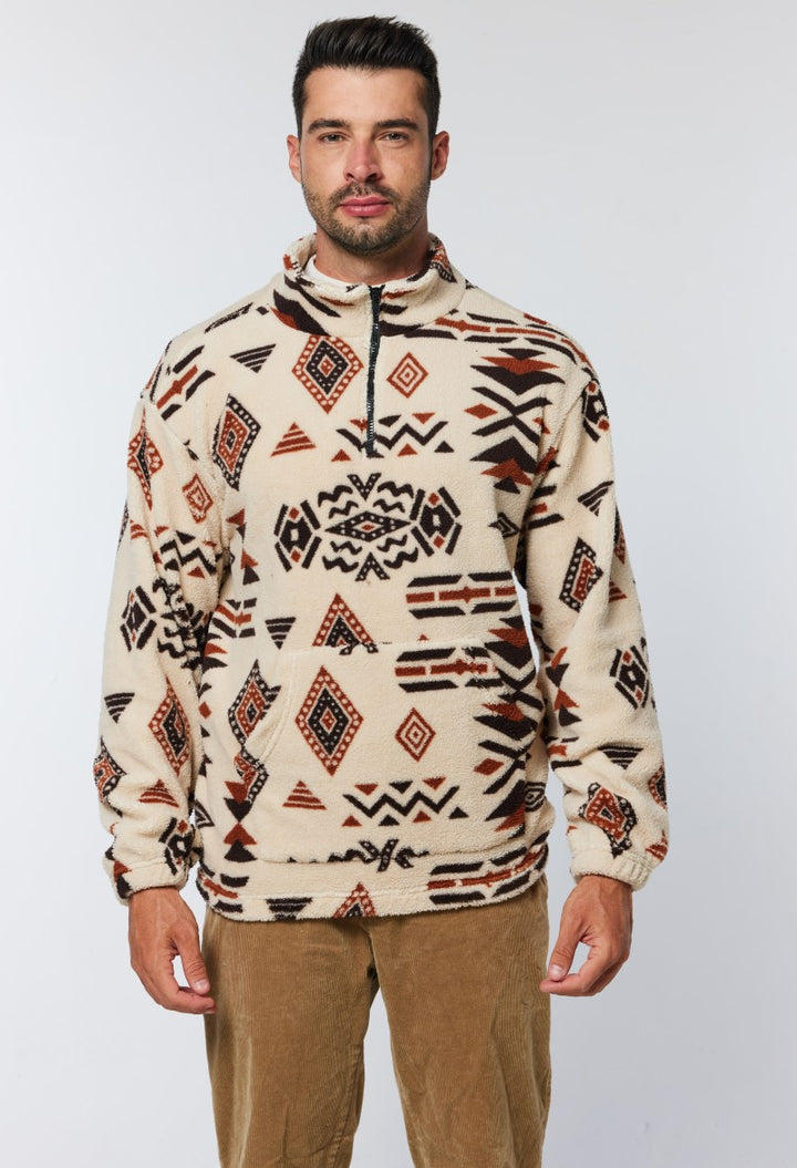 Herren Gemütlicher Fleece-Pullover mit halbem Reißverschluss und geometrischem Muster Echo Archiv