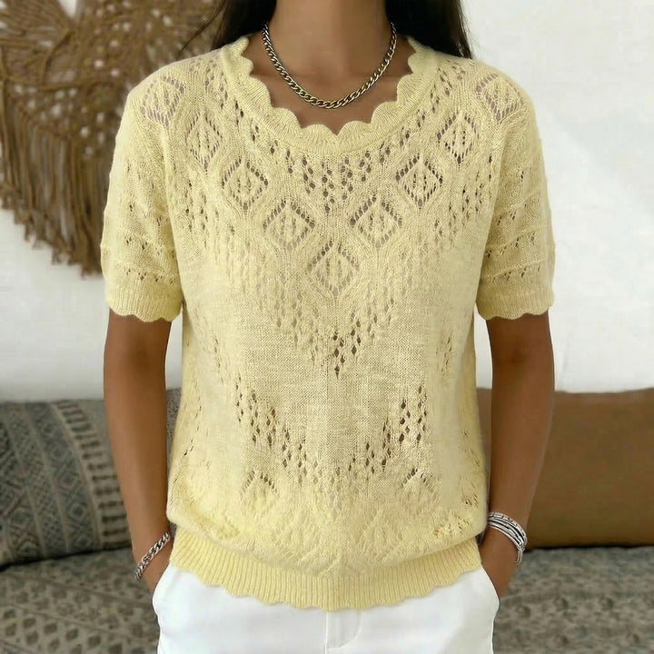 Damen nan kurzärmeliger Spitzenstrickpullover mit Ajourmuster und geschwungenem Ausschnitt Echo Archiv