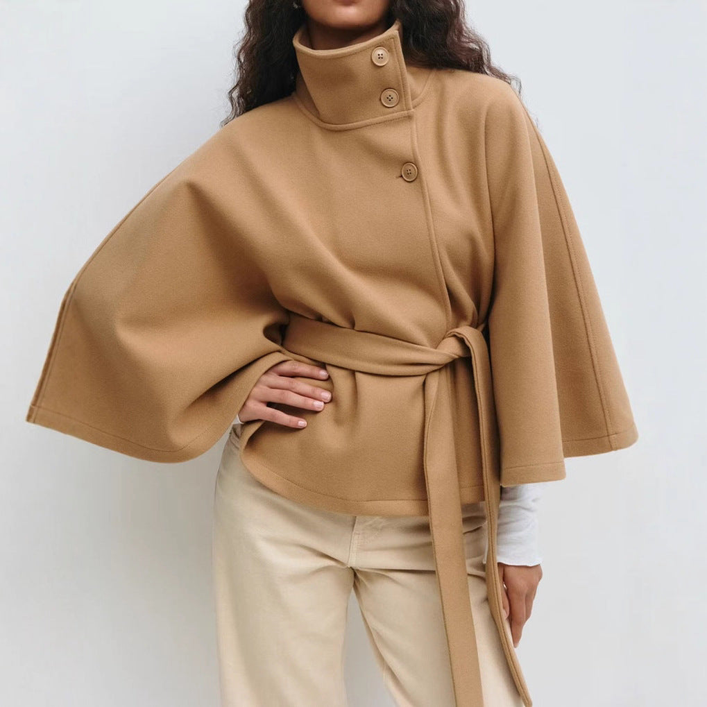 Damen nan kastenförmiger Wollcape Mantel mit Stehkragen und Bindegürtel Echo Archiv