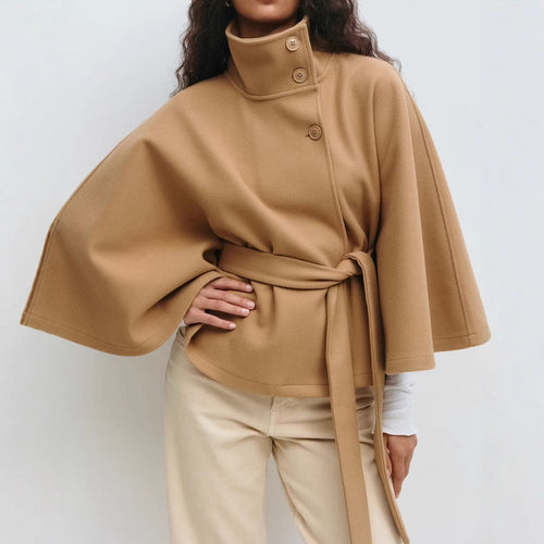 Damen nan kastenförmiger Wollcape Mantel mit Stehkragen und Bindegürtel Echo Archiv
