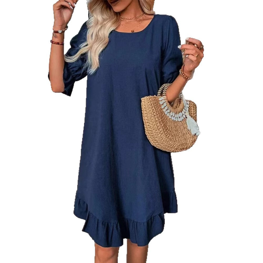 Damen nan legeres A-Linien-Kleid mit Volant-Saum und Dreiviertel-Ärmeln aus Leinenmix Echo Archiv