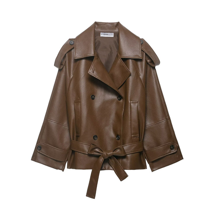 Damen Kurzer Trenchcoat in Lederoptik mit doppelreihiger Knopfleiste, Schulterklappen und Taillengürtel Echo Archiv