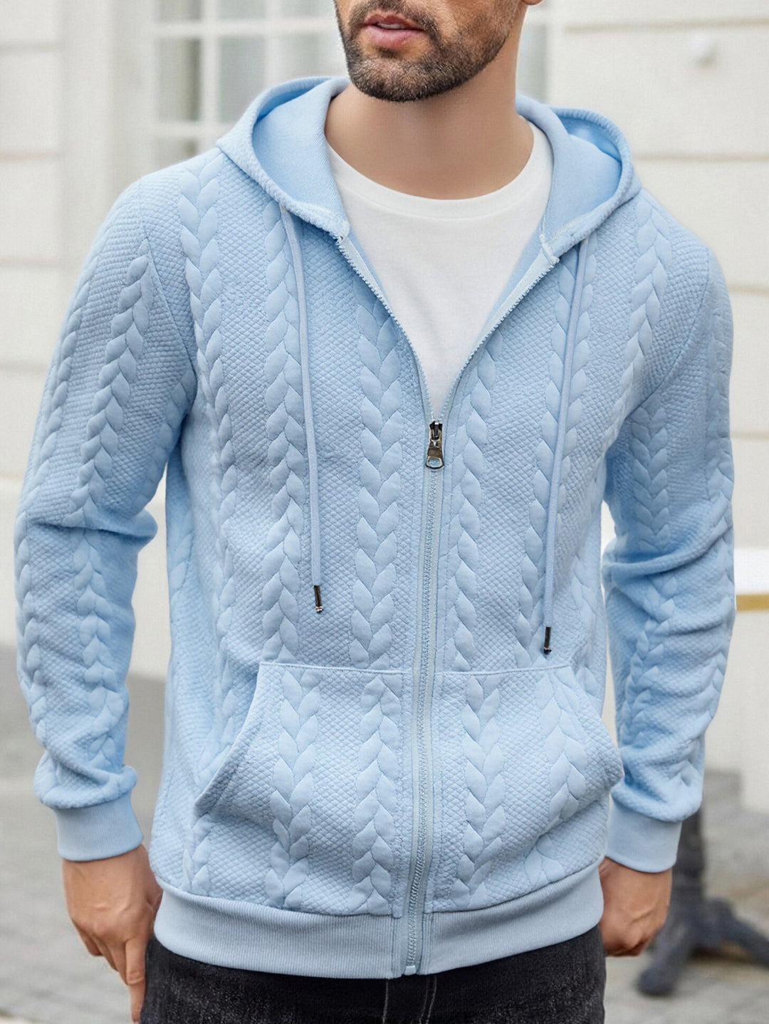 Herren strukturierte Kapuzen-Sweatjacke mit Zopfmuster, durchgehendem Reißverschluss und Kängurutasche – Cavarno