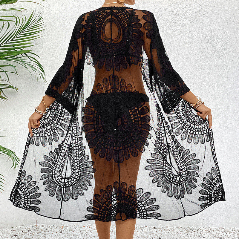 Damen transparente Häkel-Strandüberwurfjacke mit eleganten Motiven Echo Archiv