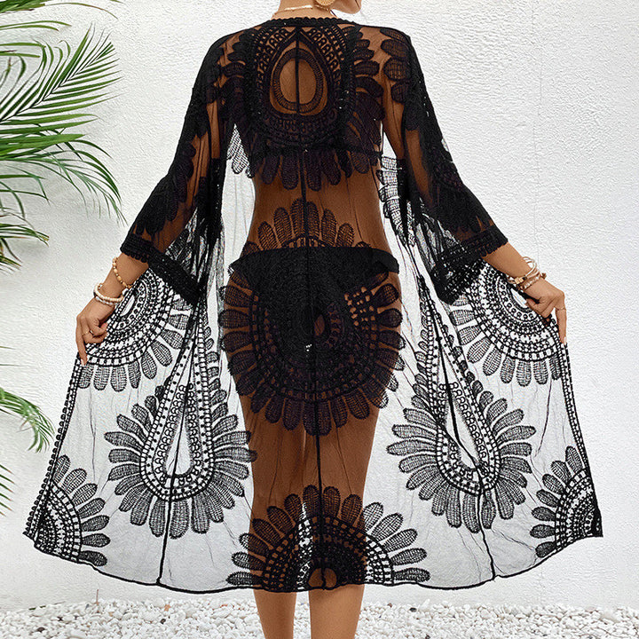 Damen transparente Häkel-Strandüberwurfjacke mit eleganten Motiven Echo Archiv
