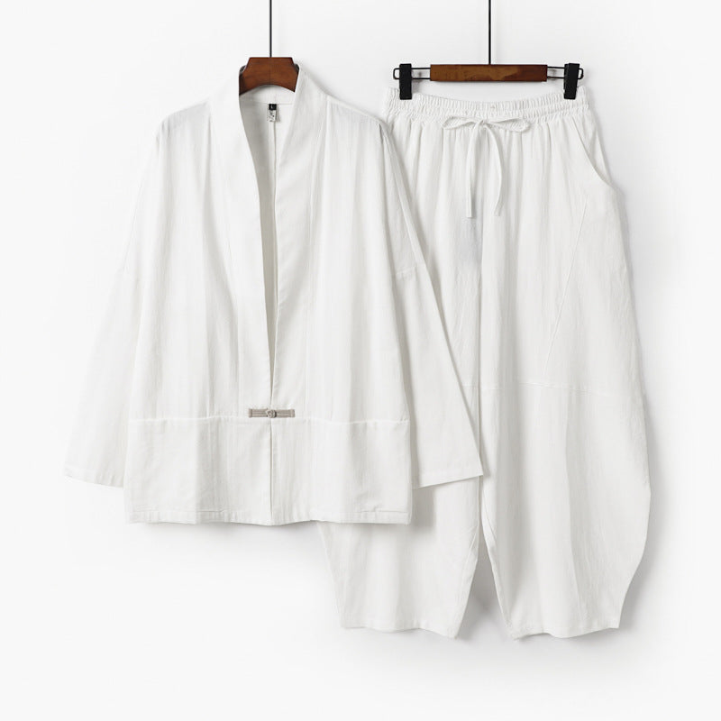 Herren Kimono-Loungewear-Set mit kurzem Schalkragen und weiten Harem-Bundhosen Echoarchiv
