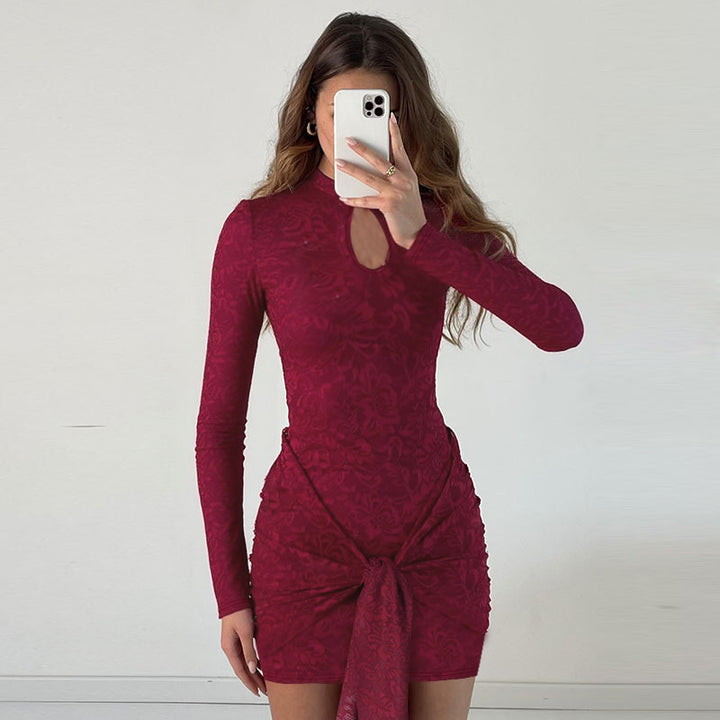 Damen Tailliertes Jacquard-Minikleid mit Drapé-Knoten und Langarm – Avérine
