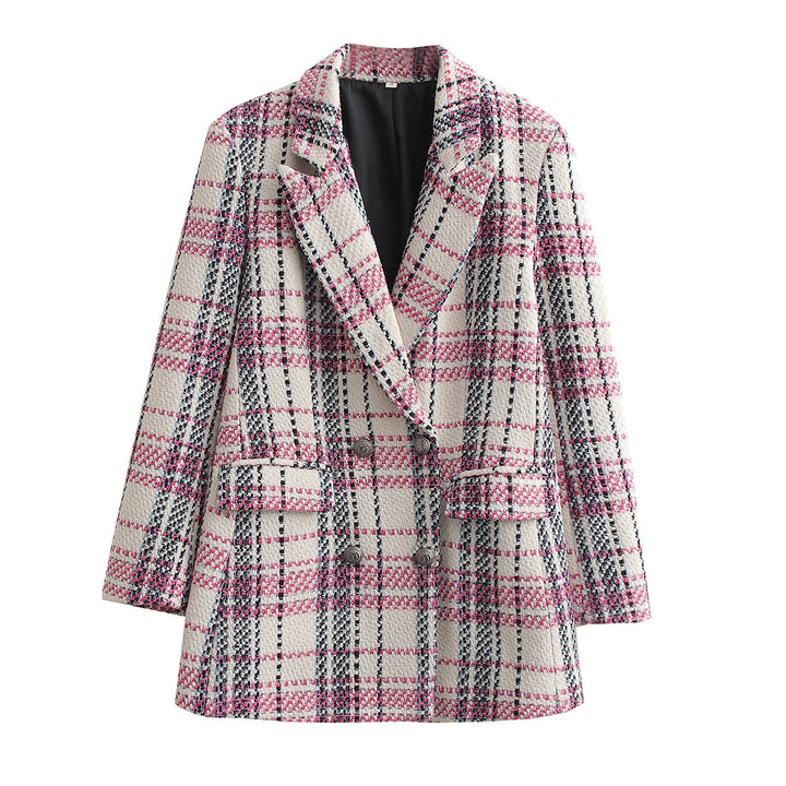 Damen Bouclé-Tweed Longblazer mit Doppelreihigem Verschluss und Pattentaschen – Célinea