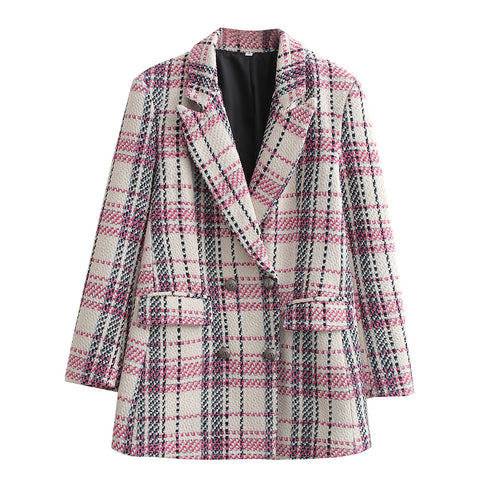 Damen Bouclé-Tweed Longblazer mit Doppelreihigem Verschluss und Pattentaschen – Célinea
