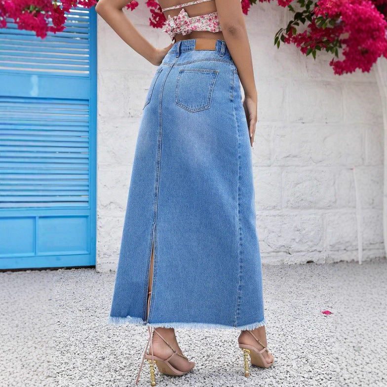 Damen Taillenhoher Denim-Maxi-Rock mit geradem Schnitt, Ziernähten und rohem Fransen-Saum Echo Archiv