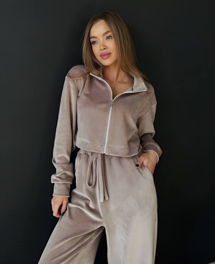 Damen gekürztes Velours-Cropped-Hoodie mit Stehkragen und elastischer High-Waist-Palazzo-Jogginghose – Auréline