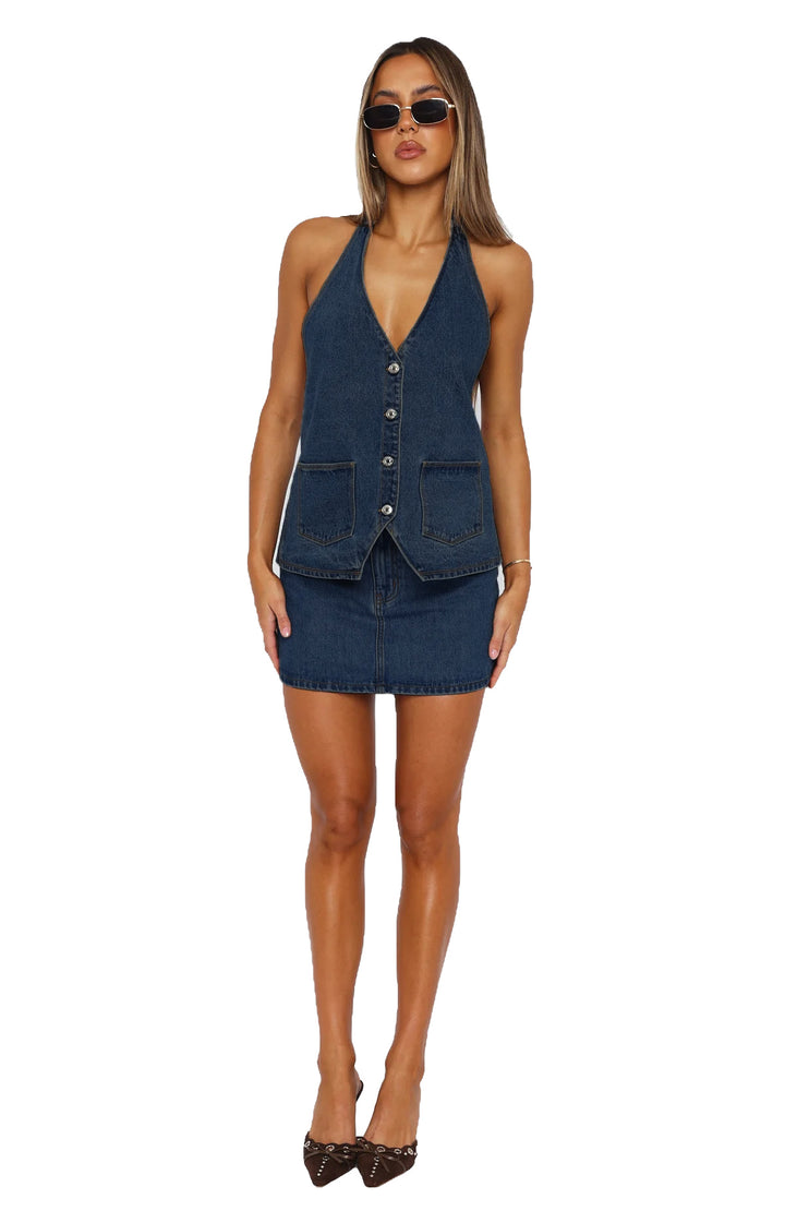 Damen Denim-Kleid mit ärmellosem Design und praktischen Taschen Echo Archiv
