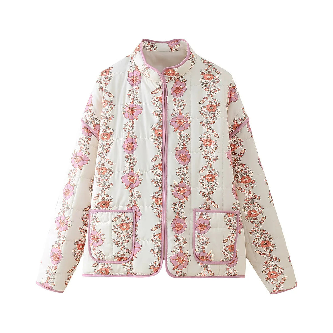 Damen gesteppte Blumenjacke mit Stehkragen Reißverschluss und aufgesetzten Taschen – Célinea