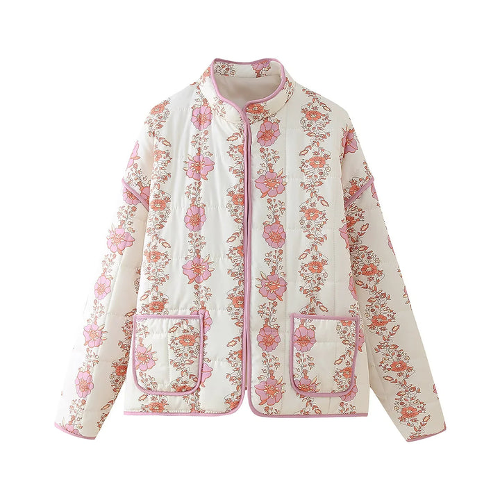 Damen gesteppte Blumenjacke mit Stehkragen Reißverschluss und aufgesetzten Taschen – Célinea