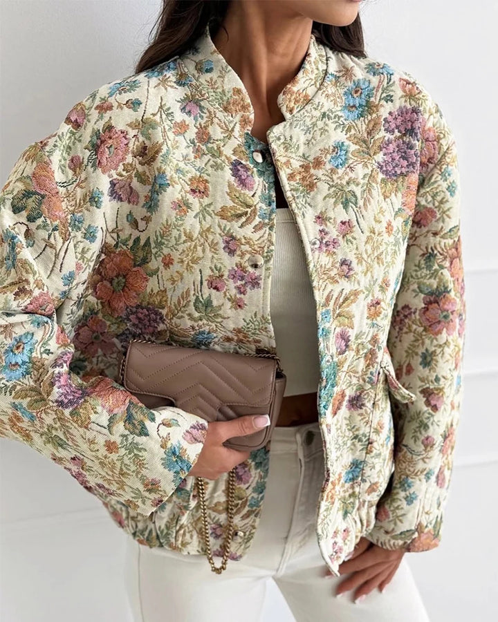 Damen Florale Jacquard-Steppjacke mit Stehkragen und elastischem Saum – Célinea