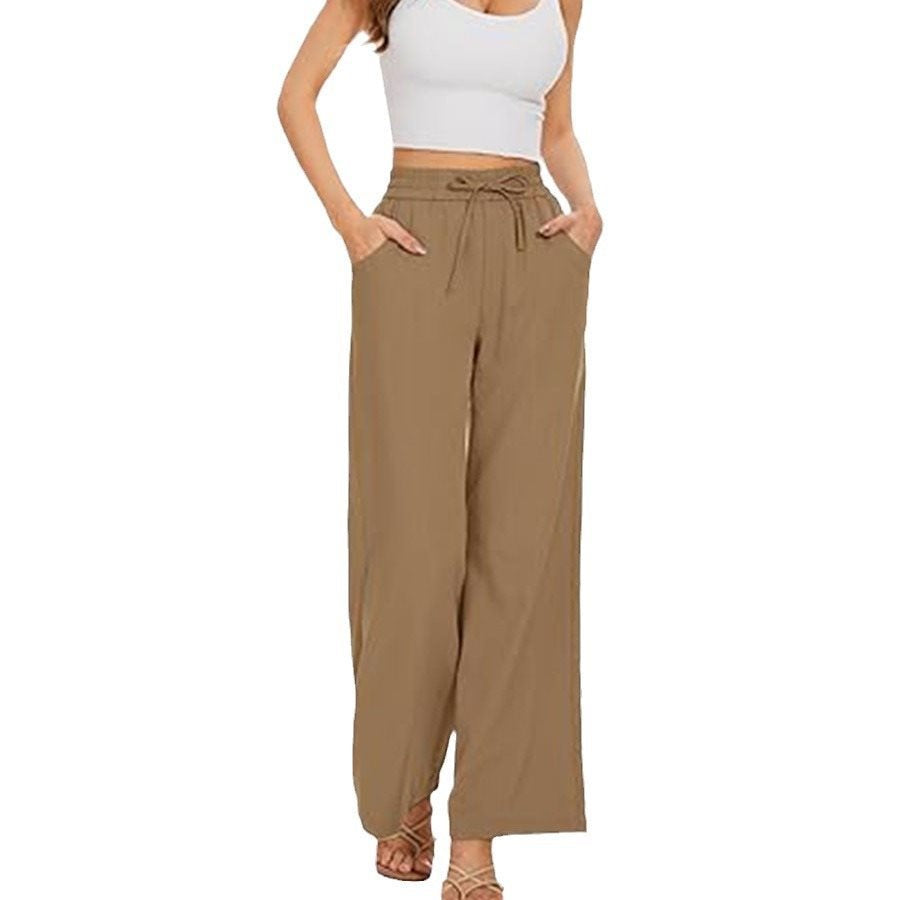 Damen Weite Leinenhose mit hohem elastischem Bund, Kordelzug und Eingrifftaschen Echo Archiv