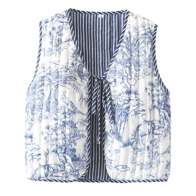 Damen nan gequiltete Patchwork-Weste mit Bindeband und V-Ausschnitt Echo Archiv