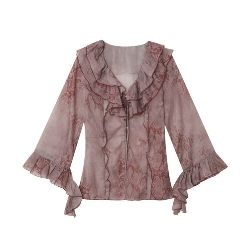 Damen Chiffonbluse mit Rüschenkragen, Volantärmeln und dekorativer Schnürung Echoarchiv