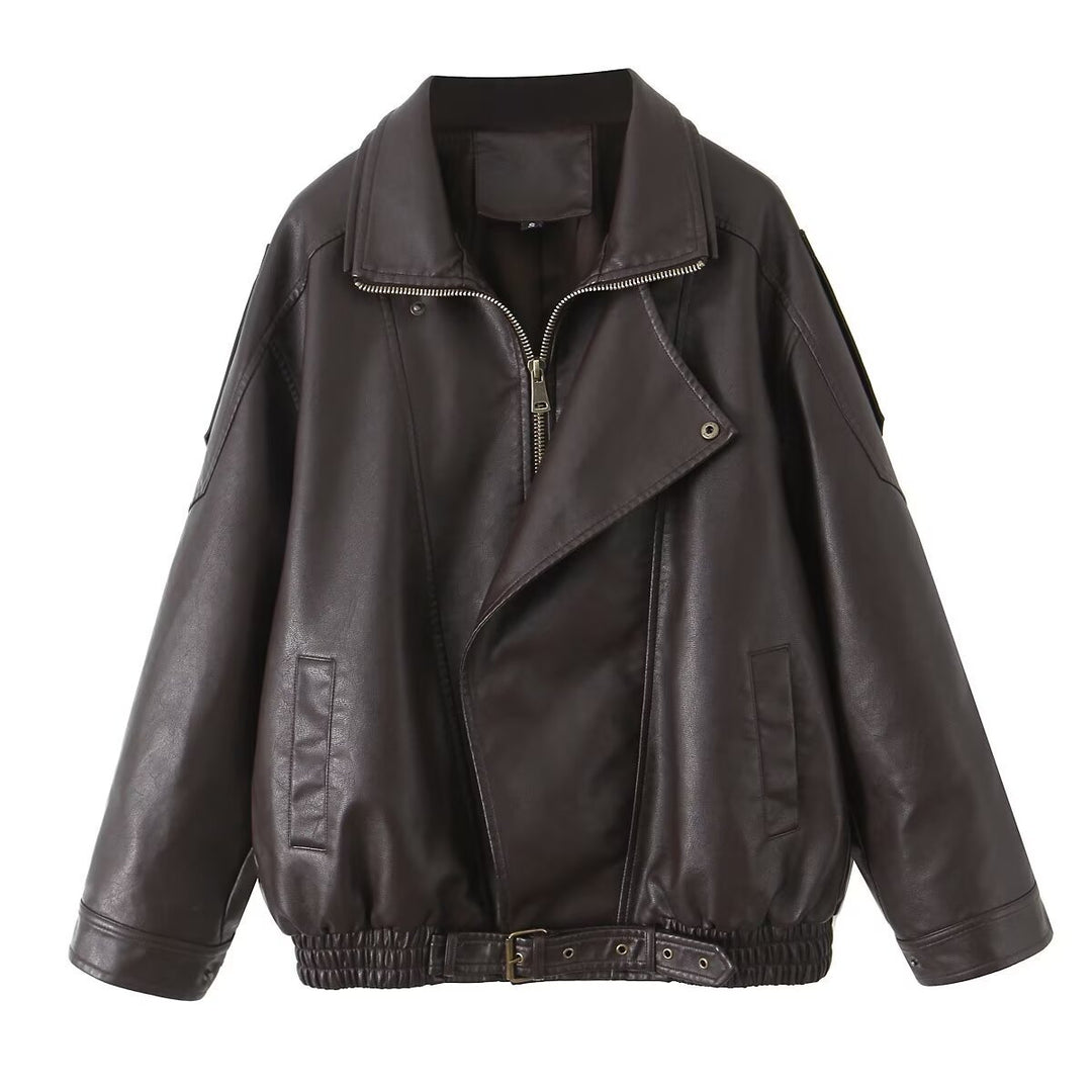 Damen Oversize-Lederimitat-Bomberjacke mit asymmetrischem Reißverschluss und Taillenband Echo Archiv