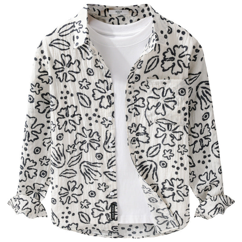 Herren Lockeres Crinkle-Hemd mit handgezeichnetem Blumenprint und Brusttasche Echoarchiv