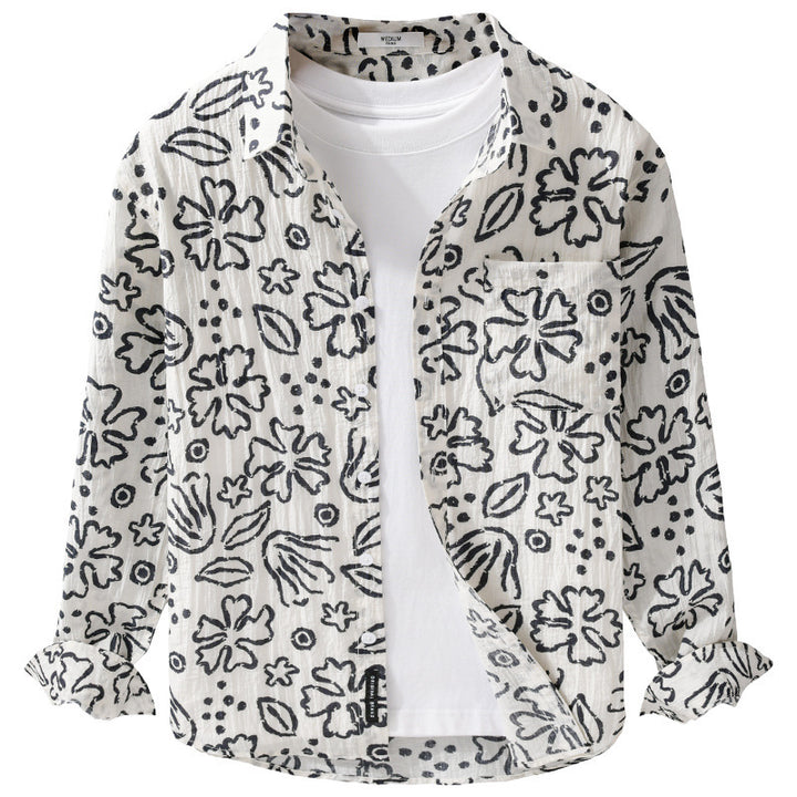 Herren Lockeres Crinkle-Hemd mit handgezeichnetem Blumenprint und Brusttasche Echoarchiv