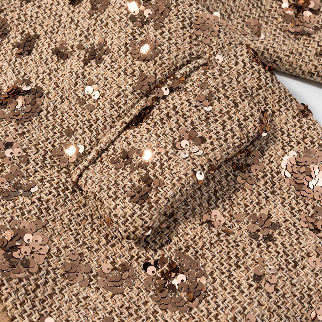 Damen Kurzblazer aus Tweed mit Paillettenbesatz und Schleifenverschluss Echoarchiv
