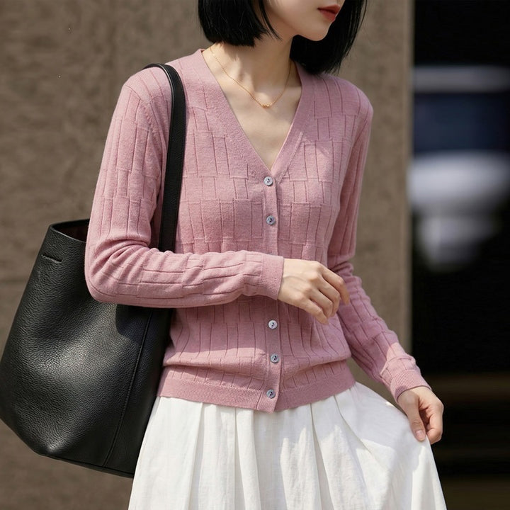 Damen V‑Ausschnitt-Feinstrickcardigan mit strukturierter Blockoptik und durchgehender Knopfleiste Echoarchiv