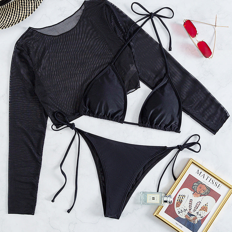 Damen Bikini-Set mit langärmligem Mesh-Oberteil und modischen Details Echo Archiv