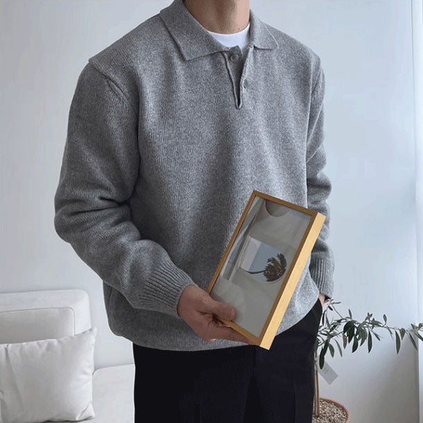 Herren Eleganter Strickpullover mit Stehkragen und Knopfleiste Echoarchiv