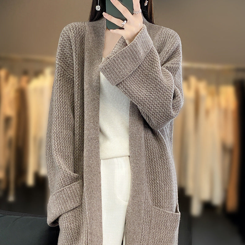 Damen Langer Oversize-Strickcardigan mit Strukturmuster und aufgesetzten Taschen Echoarchiv