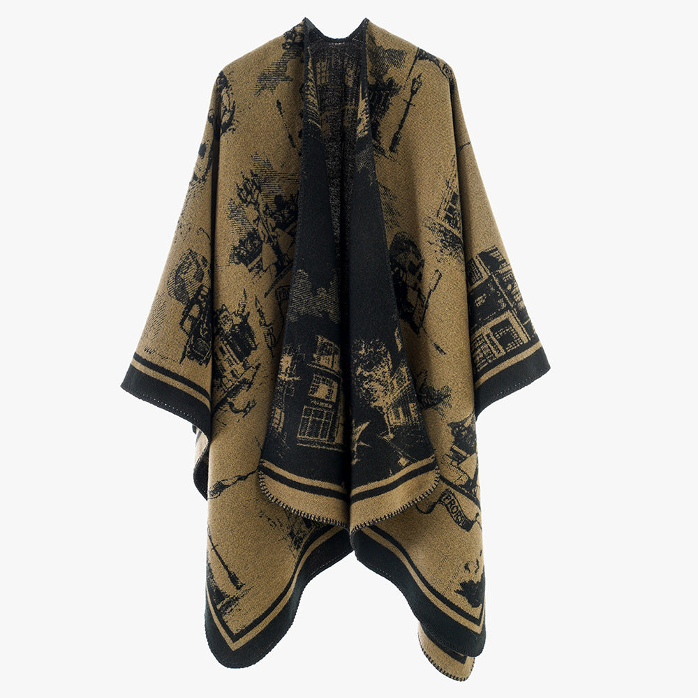 Damen Jacquard‑Capeponcho mit ikonischem Städte‑Jacquard und offenem Oversize‑Fall Echo Archiv