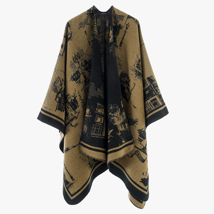 Damen Jacquard‑Capeponcho mit ikonischem Städte‑Jacquard und offenem Oversize‑Fall Echo Archiv