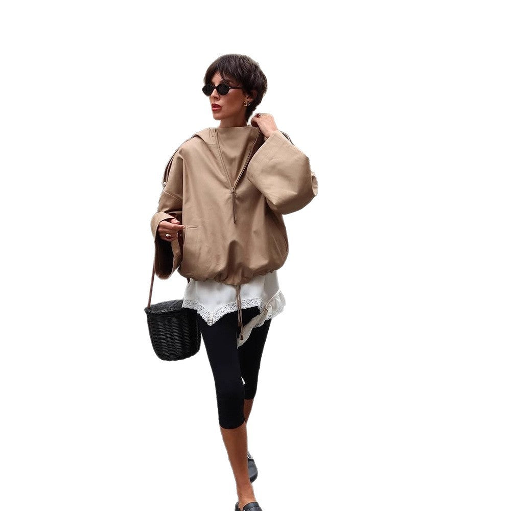Damen Oversize Kapuzen-Pulloverjacke mit halbem Reißverschluss und Schulterpasse Echoarchiv