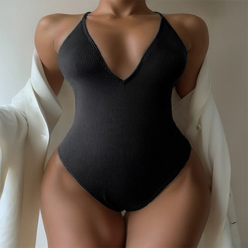 Damen Eleganter Badeanzug mit tiefem V-Ausschnitt und bindbaren Trägern Echo Archiv