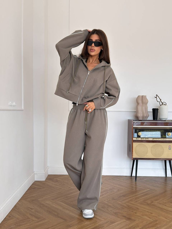 Damen Lässiges zweiteiliges Lounge-Set mit oversized Zipjacke und weitem Kordelzug-Hosenbund – Élanora