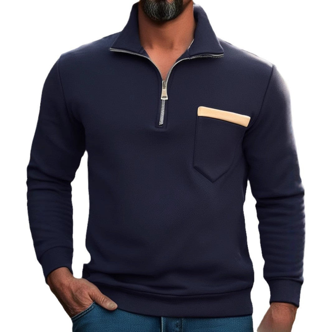 Herren modischer Stehkragenpullover mit halbem Reißverschluss und Brusttasche Echoarchiv