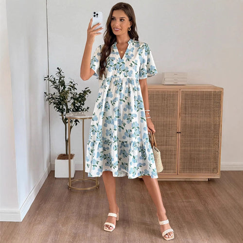 Damen Midikleid mit frischem Blumenmuster und voluminösem Rock Echo Archiv