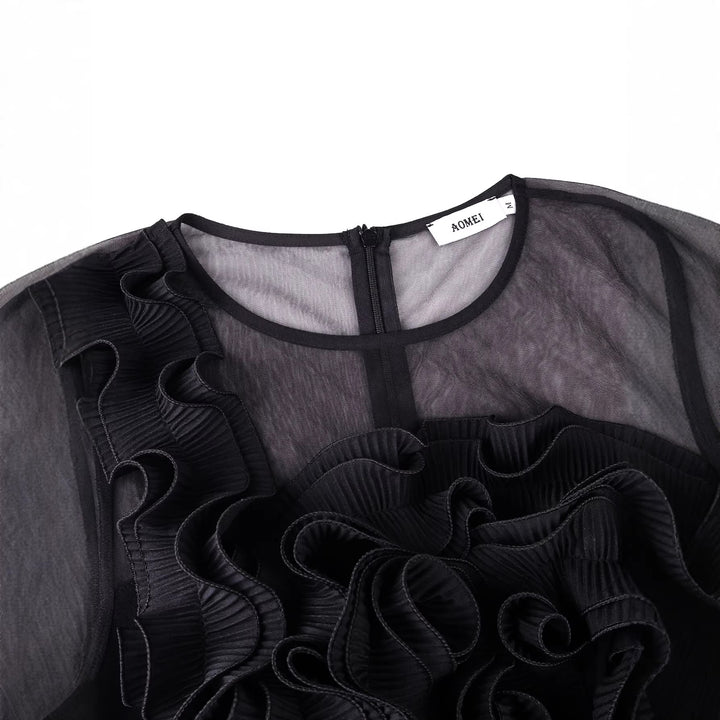 Damen elegantes Cocktailkleid mit voluminösen Rüschendetails und Fransen Echo Archiv