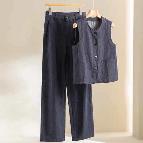 Damen Ärmellose leicht taillierte Weste aus Leinen-Denim mit Knopfleiste und aufgesetzten Taschen Echoarchiv
