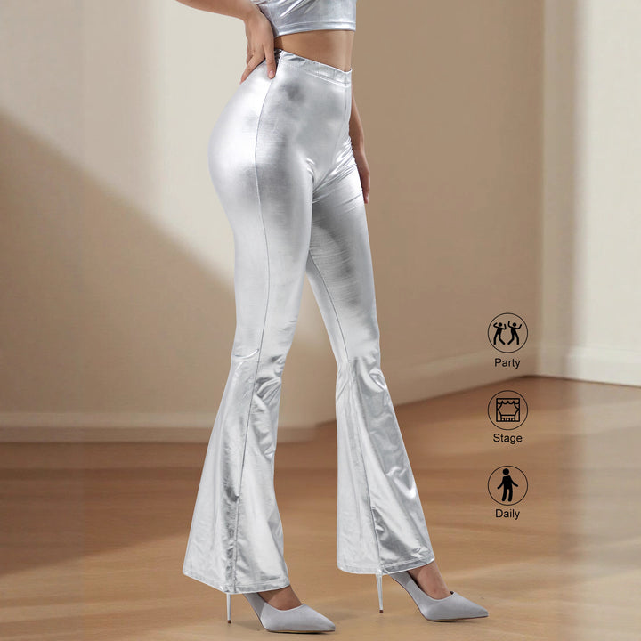 Damen High-Waist Metallic-Schlaghose mit formendem Stretchbund und eleganter Bootcut-Passform echoarchiv-