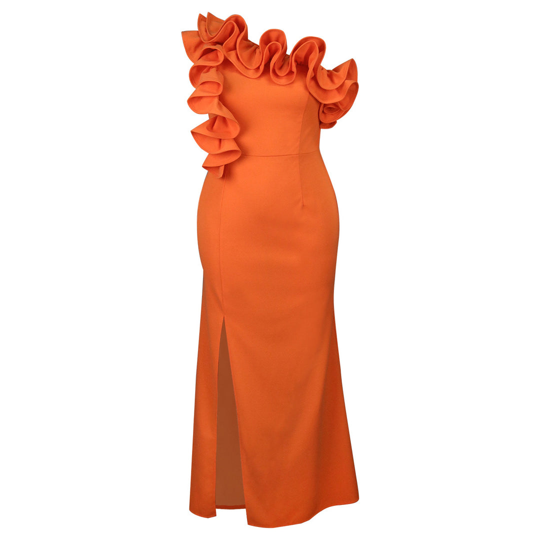 Damen Elegantes Maxikleid mit asymmetrischem Rüschenakzent und sexy Schlitz Echo Archiv