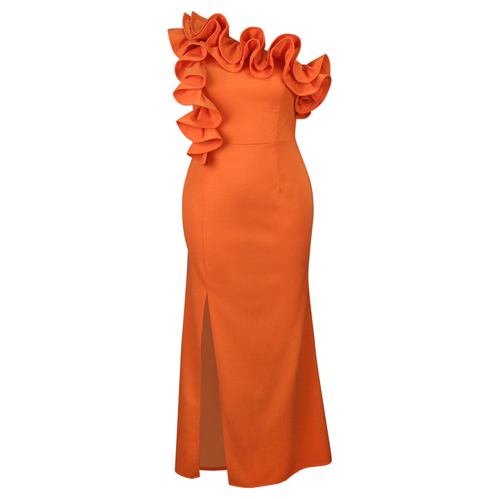 Damen Elegantes Maxikleid mit asymmetrischem Rüschenakzent und sexy Schlitz Echo Archiv