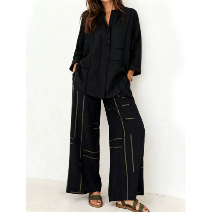 Damen Oversize-Tunika und weite Palazzohose mit grafischem Streifenprint und Henley-Kragen – Élanora