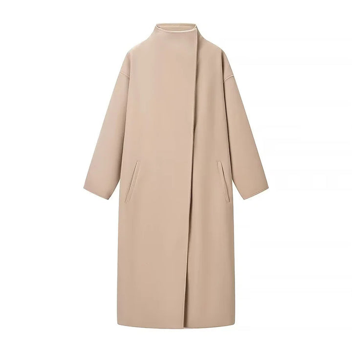 Damen nan minimalistischer Longmantel mit Stehkragen, verdeckter Frontleiste und schrägeingesetzten Eingrifftaschen Echo Archiv