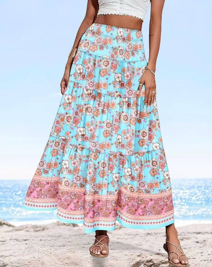 Damen Maxirock mit elastischem Smockbund und fließendem Paisley‑Print – Rosévia