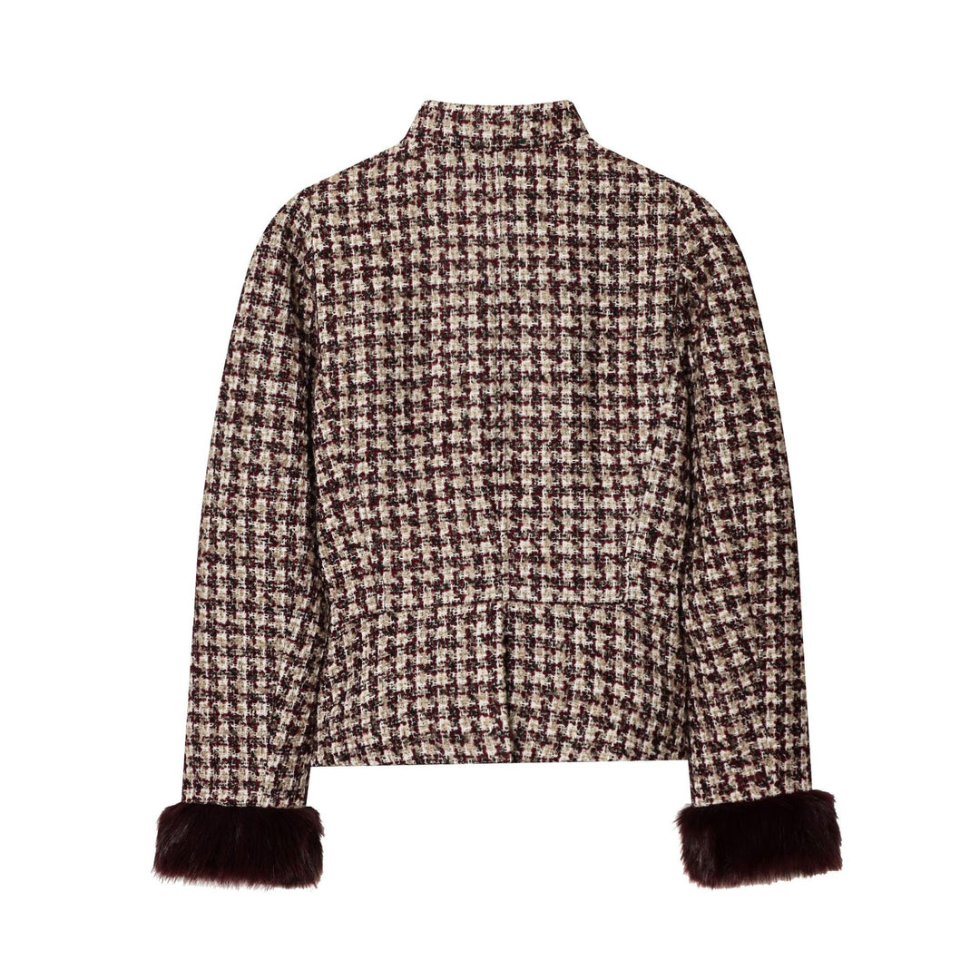 Damen kurz geschnittene Bouclé-Tweedjacke mit stehendem Kragen, verdeckter Knopfleiste und weichen Kunstfellmanschetten – Célinea