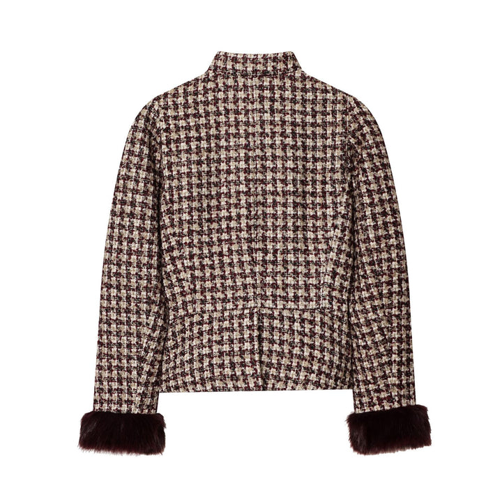 Damen kurz geschnittene Bouclé-Tweedjacke mit stehendem Kragen, verdeckter Knopfleiste und weichen Kunstfellmanschetten – Célinea