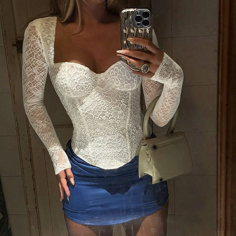 Damen elegante Spitzenbluse mit langem Arm und tailliertem Schnitt Echo Archiv
